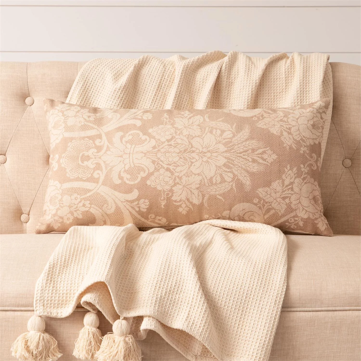 Vintage Inspired Print Taupe Pillow 14" x 28" - Image 2