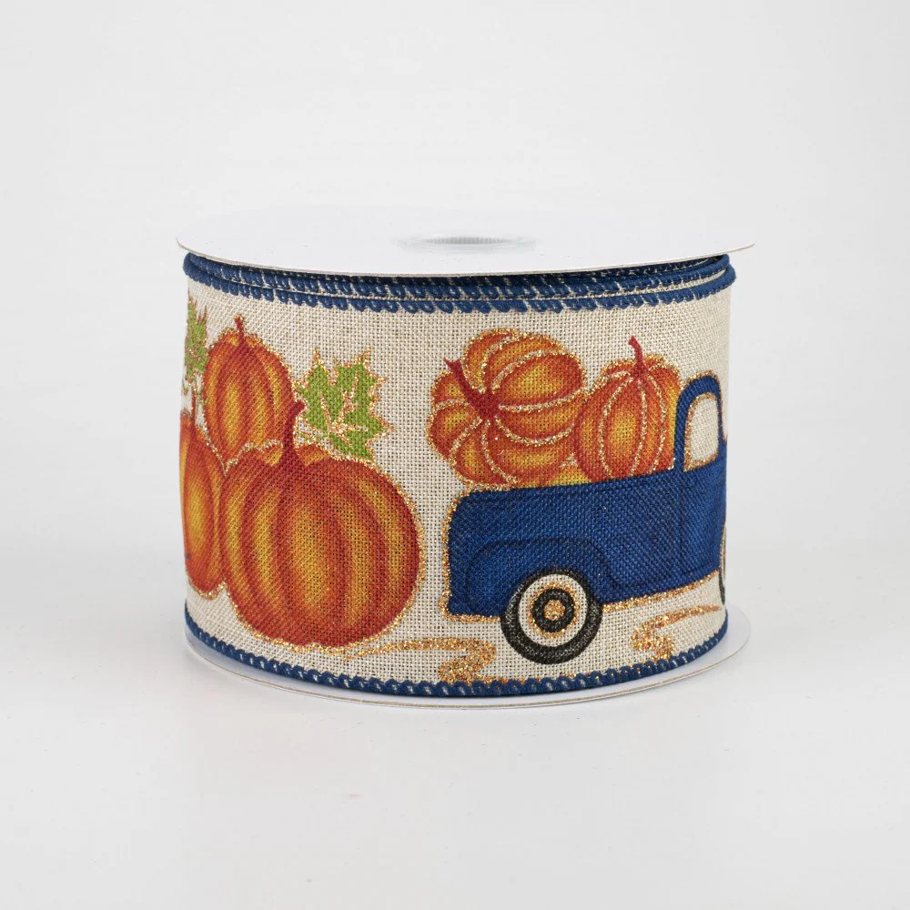 Vintage Pumpkin Truck with Royal Blue Border Ribbon 2.5" x 10 yards
