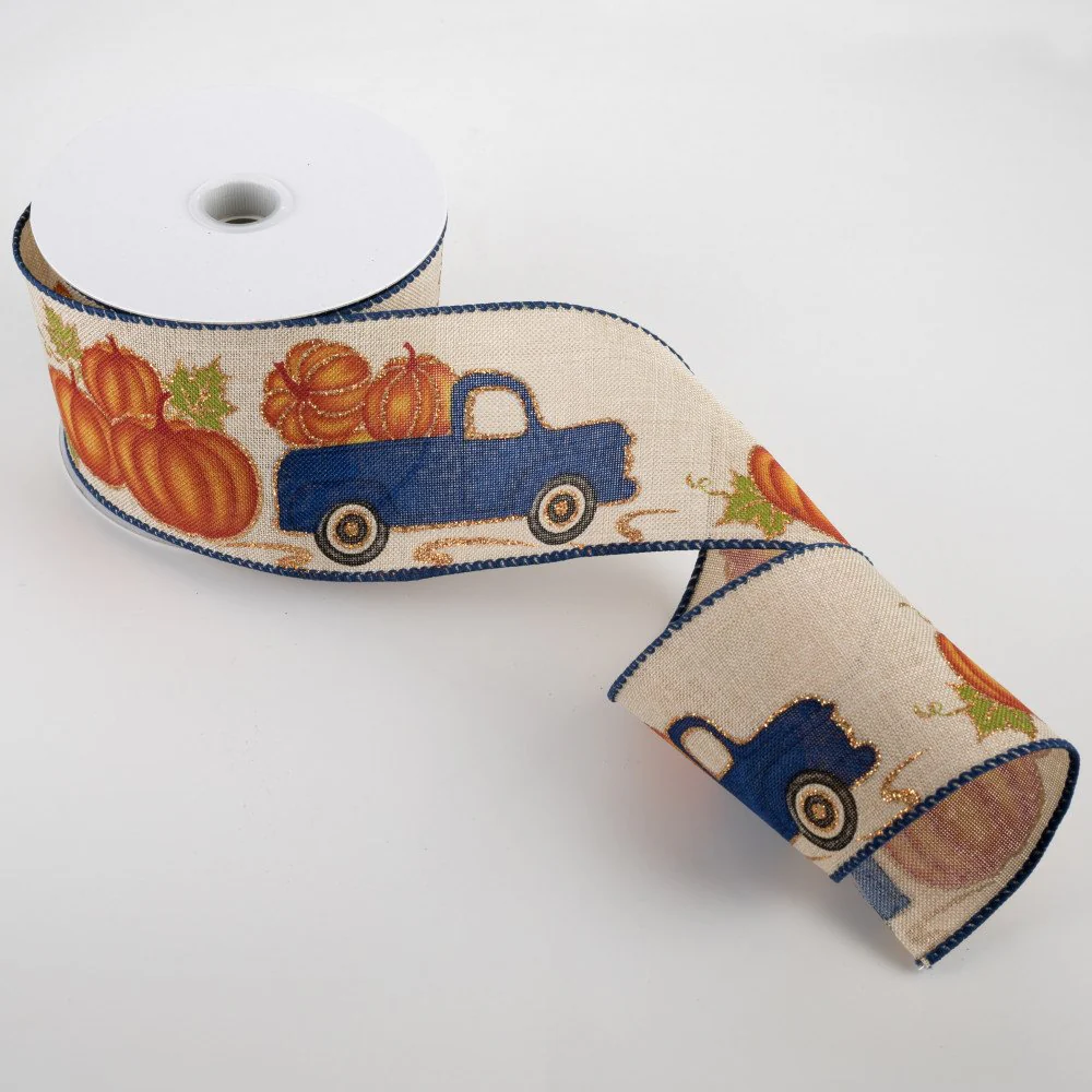Vintage Pumpkin Truck with Royal Blue Border Ribbon 2.5" x 10 yards - Image 2