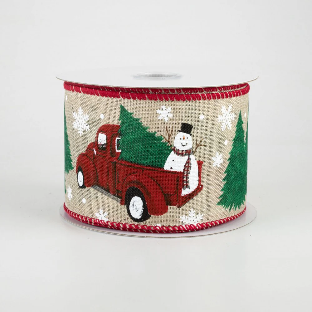 ๐ Vintage Truck With Snowman on Natural Ribbon 2.5" x 10 yards
