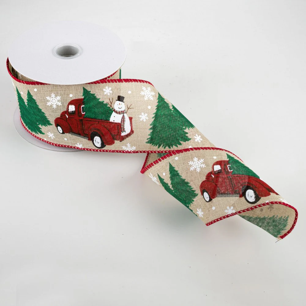 ๐ Vintage Truck With Snowman on Natural Ribbon 2.5" x 10 yards - Image 2
