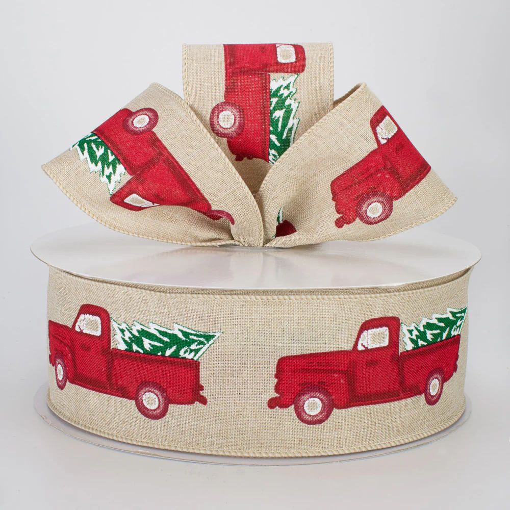 💙 Vintage Truck With Tree on Natural Ribbon 2.5" x 50 yards - Image 2