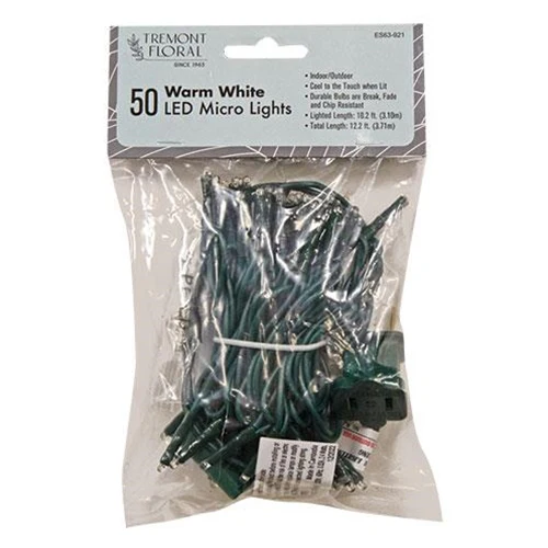 Warm White LED Micro Lights 50 Count Green Cord - Image 2