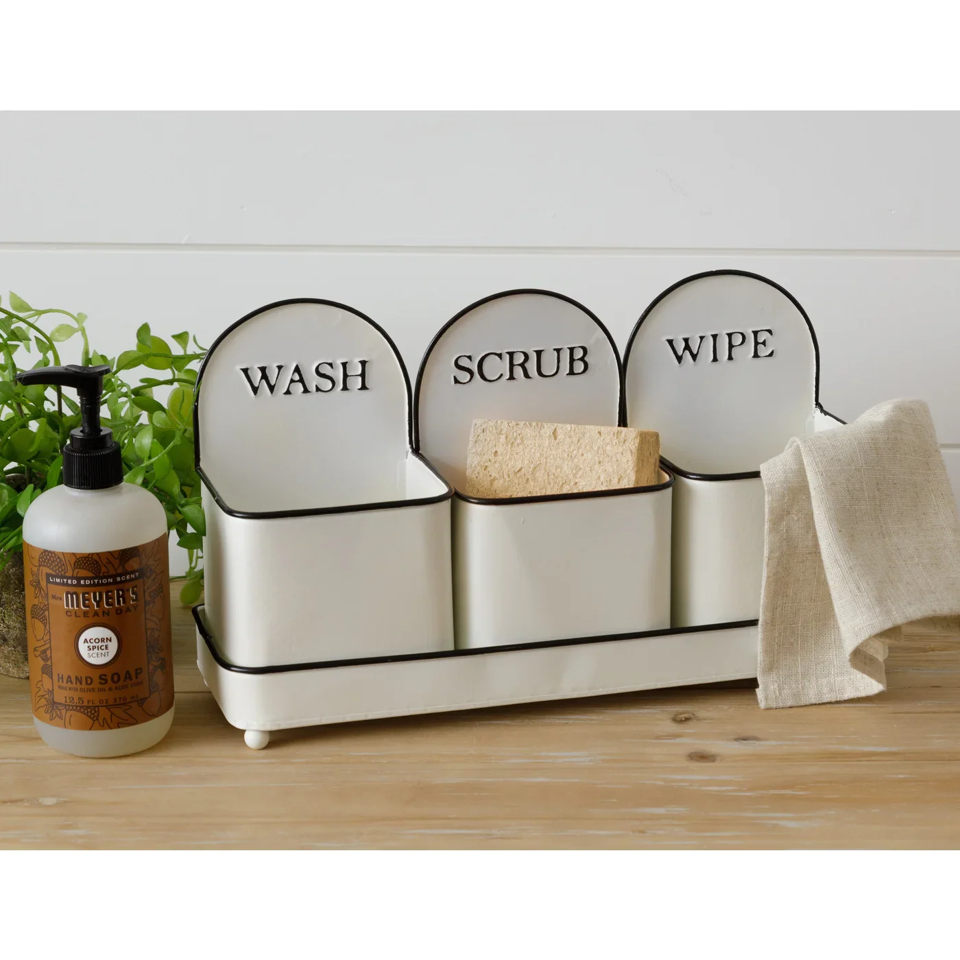 Wash Scrub Wipe Triple White Enamel Metal Bins
