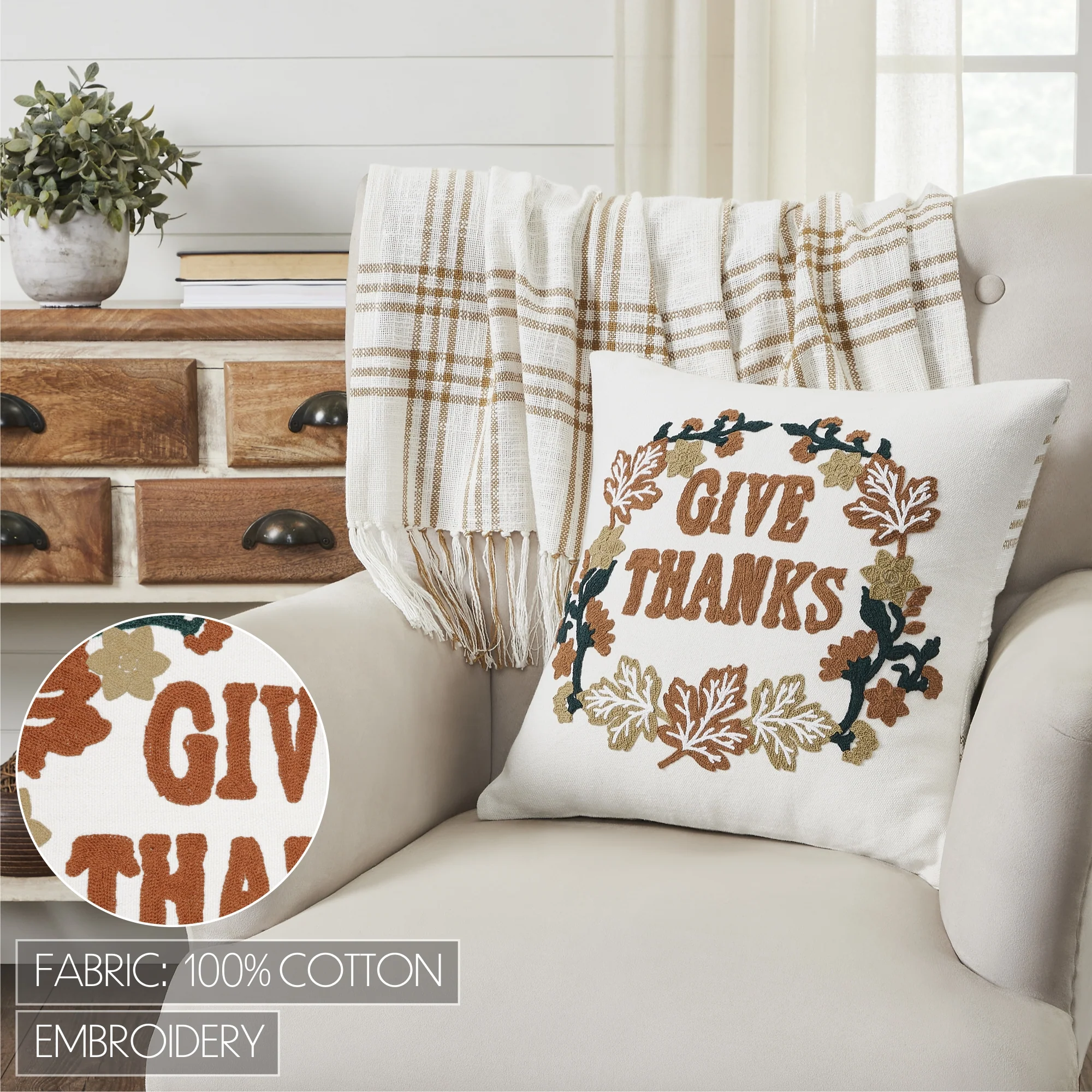 Wheat Plaid Give Thanks Pillow 18'' x 18'' - Image 7