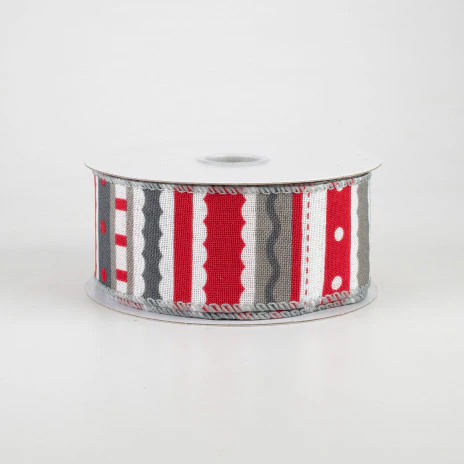 Whimsy Grey Red and White Striped Ribbon 1.5" x 10 yards