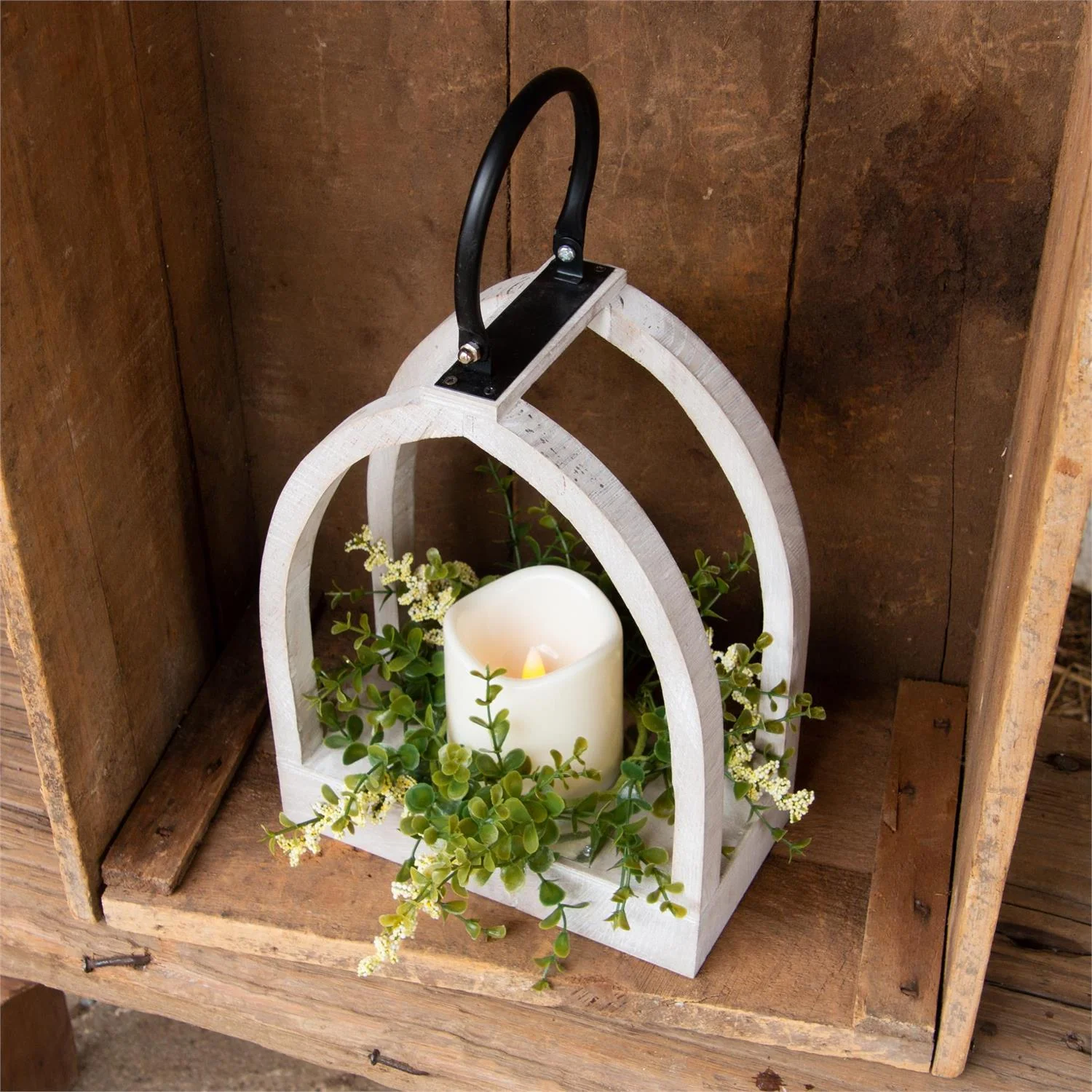 White Arched Lantern with LED Candle and Greens - Image 2