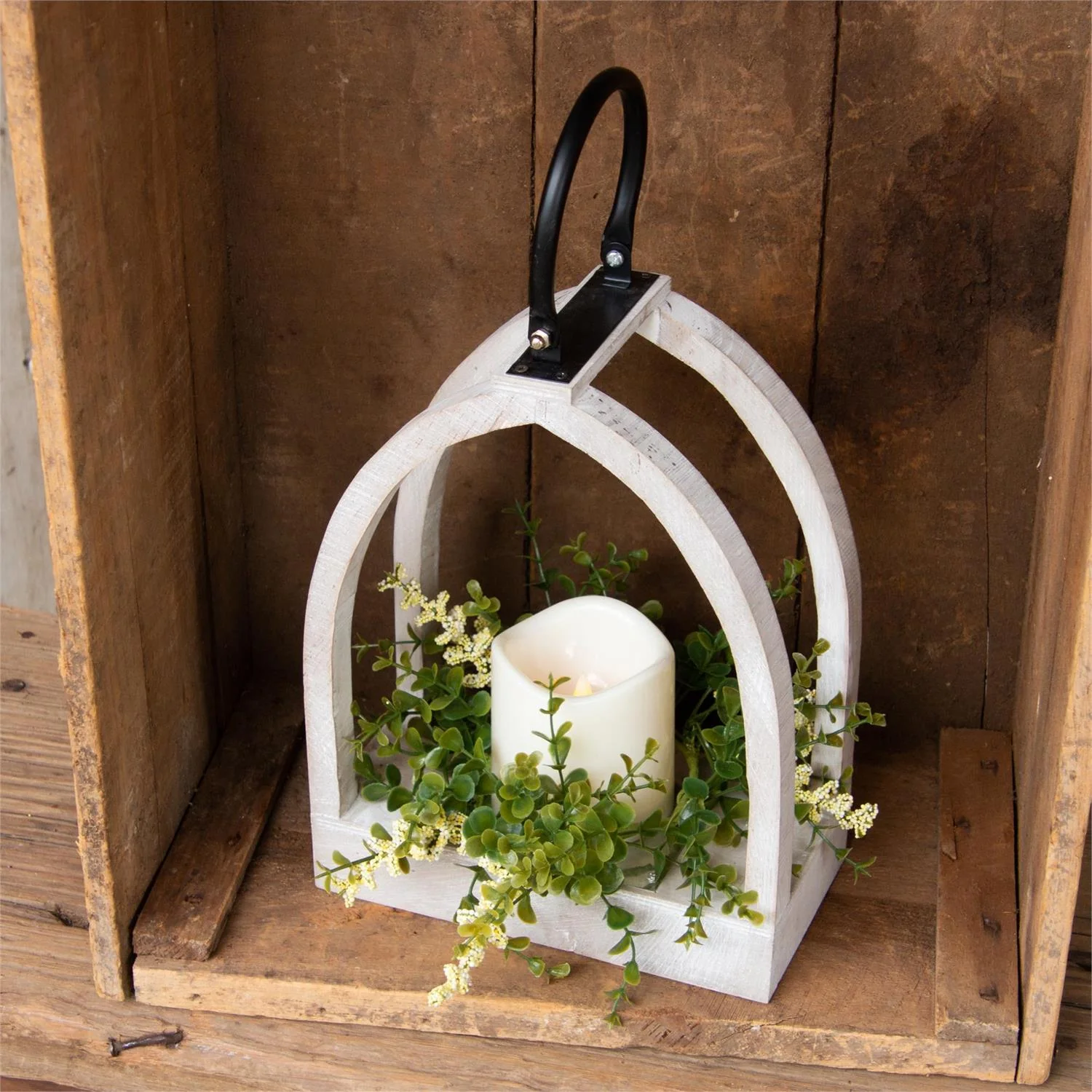 White Arched Lantern with LED Candle and Greens - Image 3
