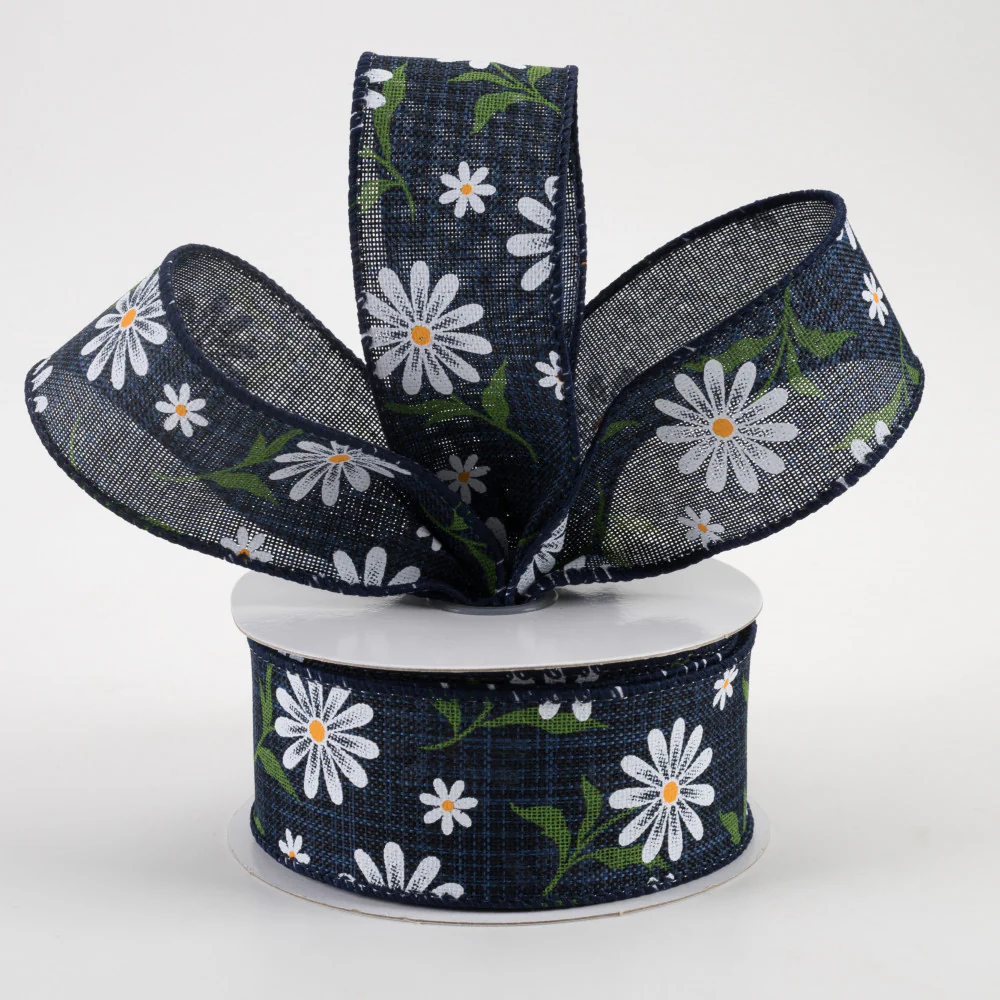 ๐ White Daisy on Navy Ribbon 1.5" x 10 yards