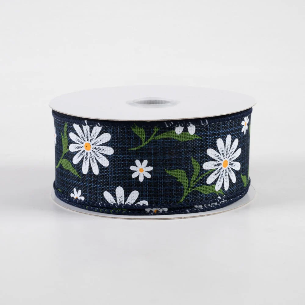 ๐ White Daisy on Navy Ribbon 1.5" x 10 yards - Image 2