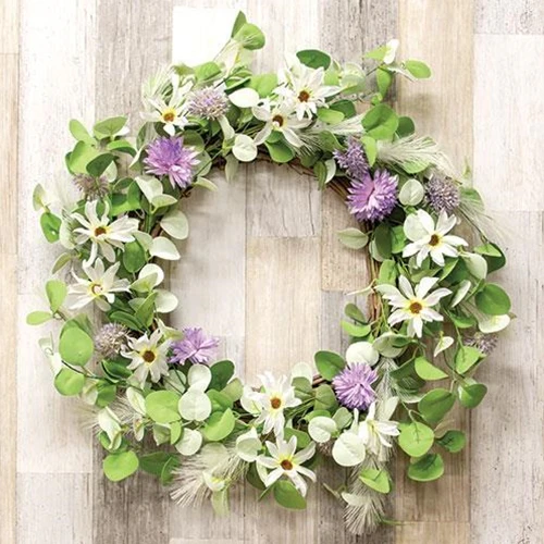 White Daisy & Purple Flowers & Eucalyptus 18" Faux Floral Wreath