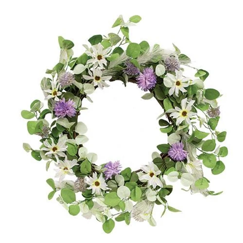 White Daisy & Purple Flowers & Eucalyptus 18" Faux Floral Wreath - Image 2