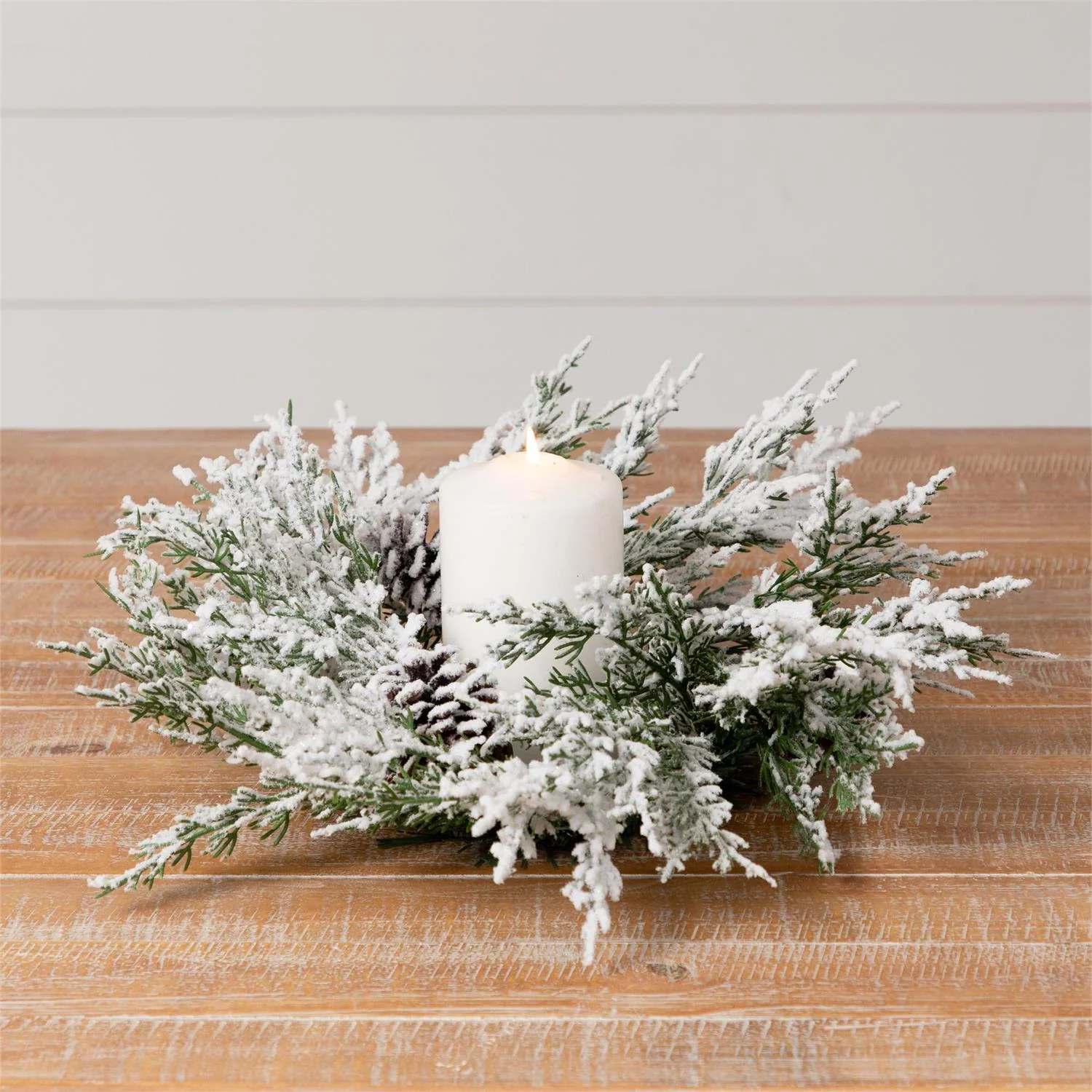 White Flocked Evergreens With Pinecones 12" Small Faux Ring - Image 2