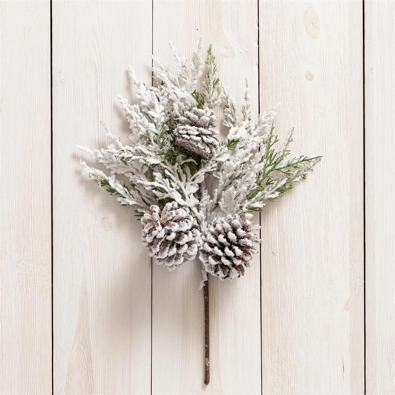 White Flocked With Pinecones 18" Faux Evergreen Spray