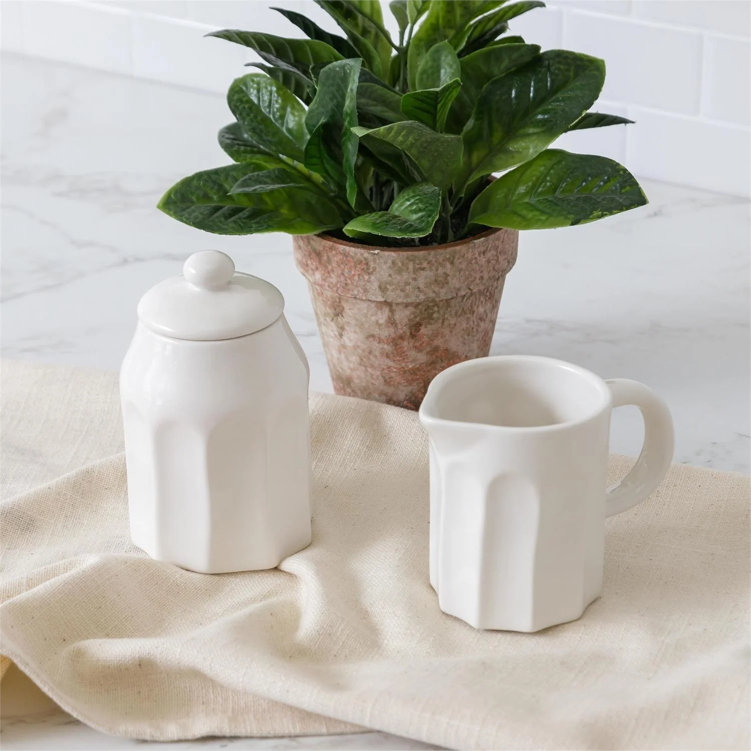 White Fluted Farmhouse Sugar and Cream Server Set