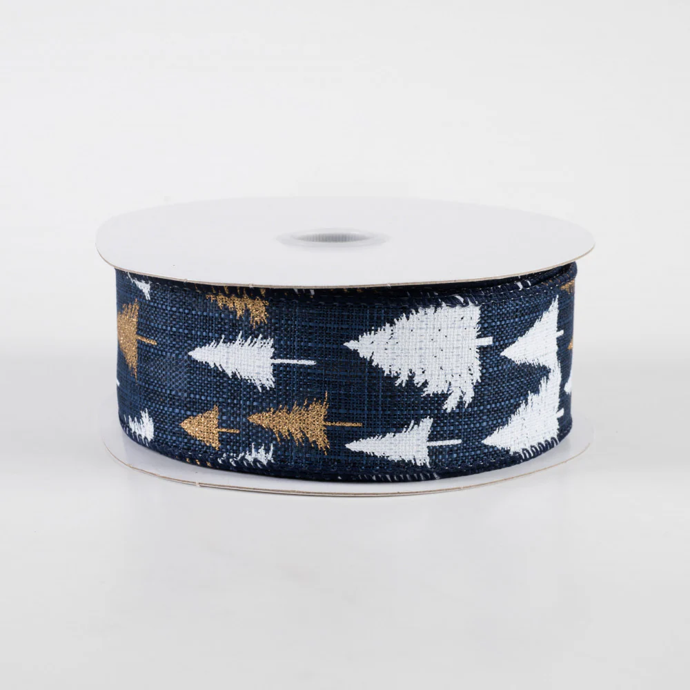 💙 White & Gold Glittered Tree on Navy Blue Wired Ribbon 1.5" x 10 yards