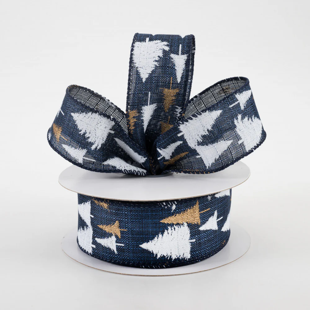 💙 White & Gold Glittered Tree on Navy Blue Wired Ribbon 1.5" x 10 yards - Image 2