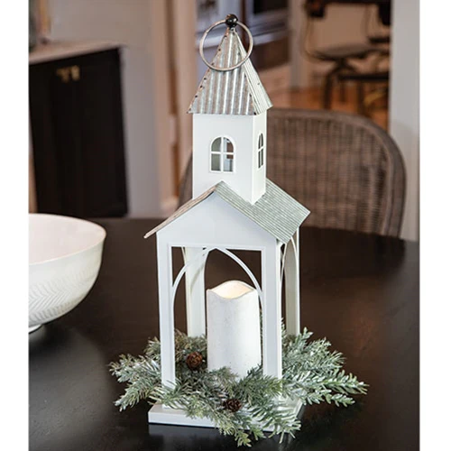 White Metal Church Pillar Lantern - Image 2