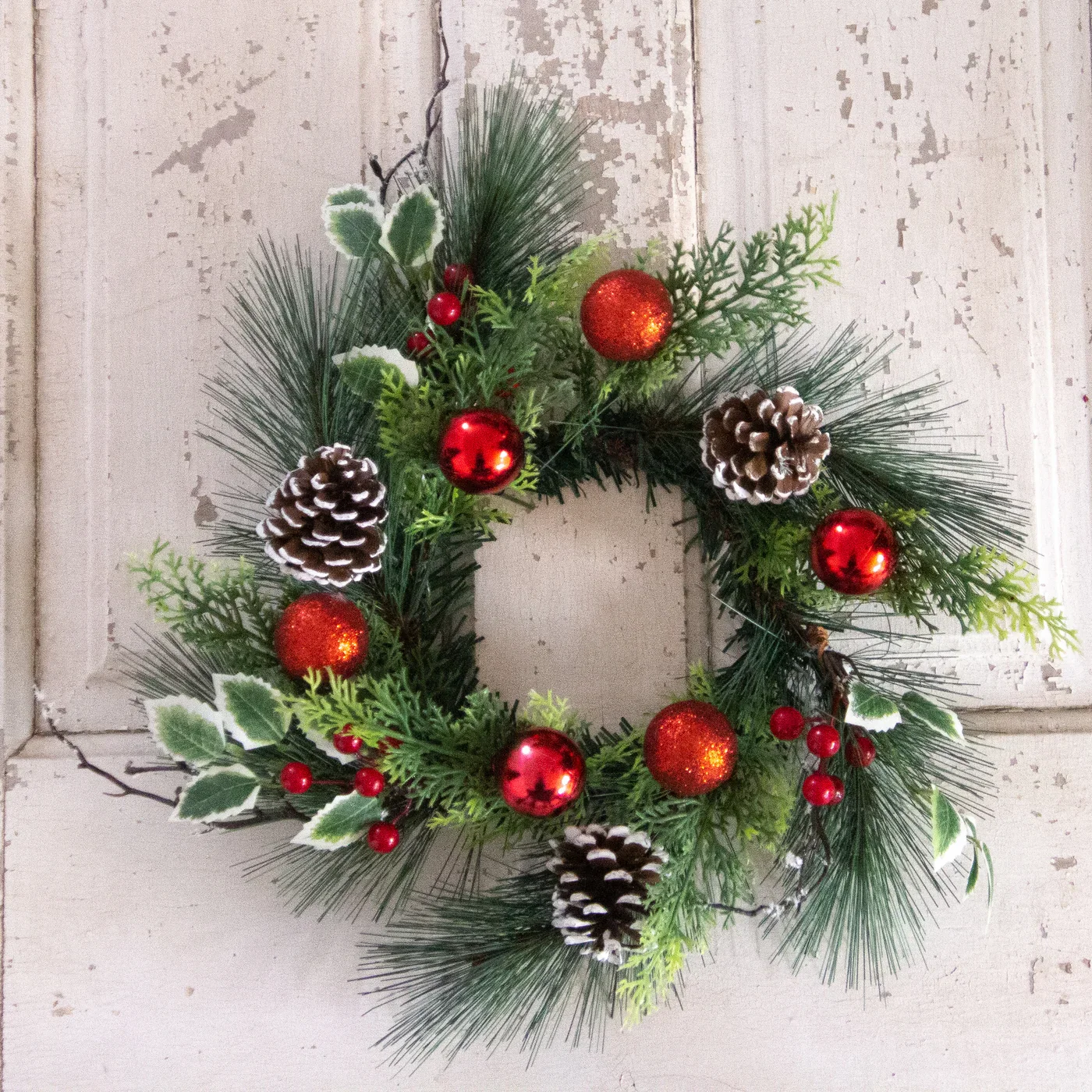 White Pine with Red Ornaments 14.5" Faux Evergreen Christmas Small Wreath