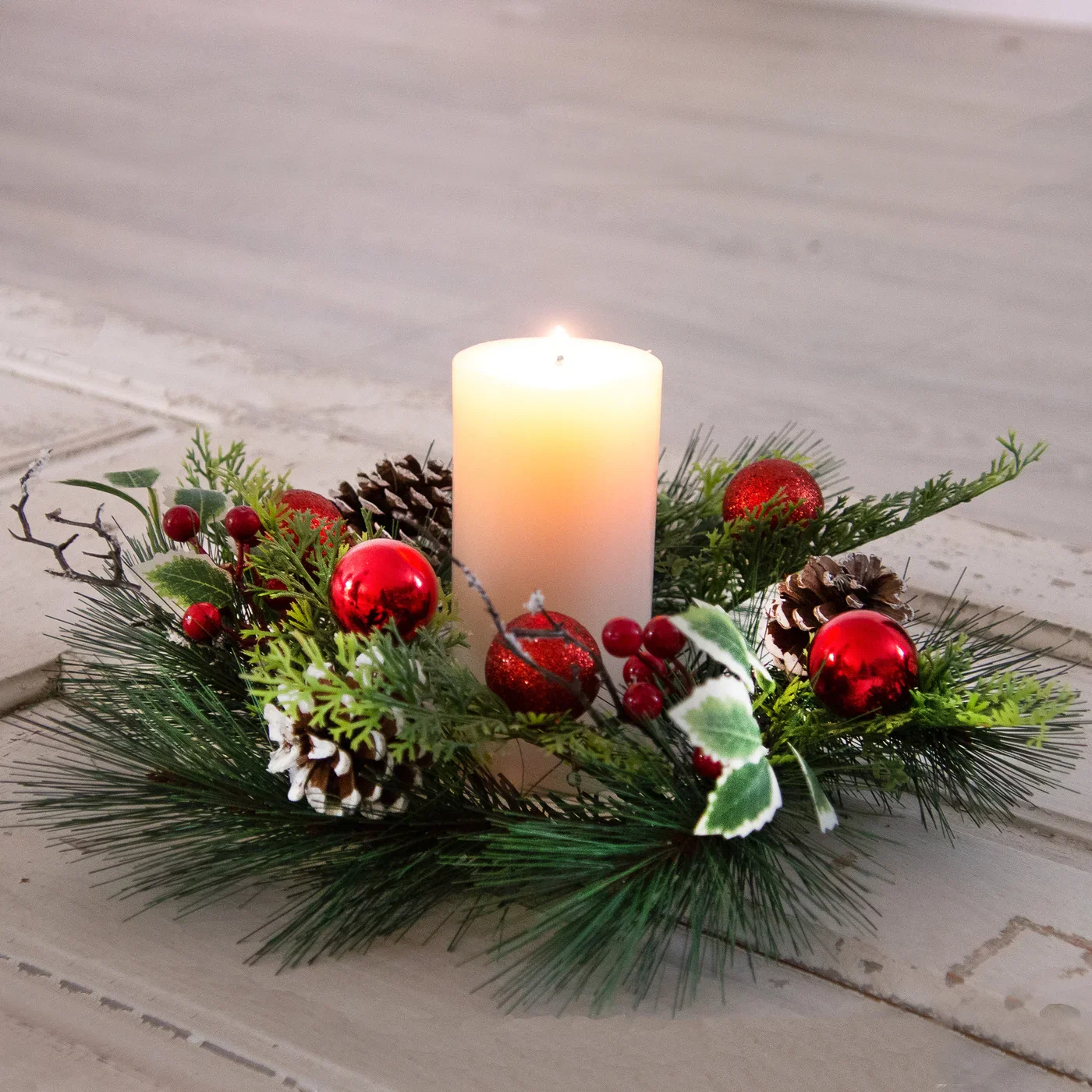 White Pine with Red Ornaments 14.5" Faux Evergreen Christmas Small Wreath - Image 2