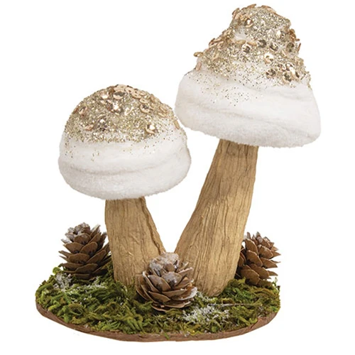 White Velvet Glittered Mushrooms Sitter 5" H