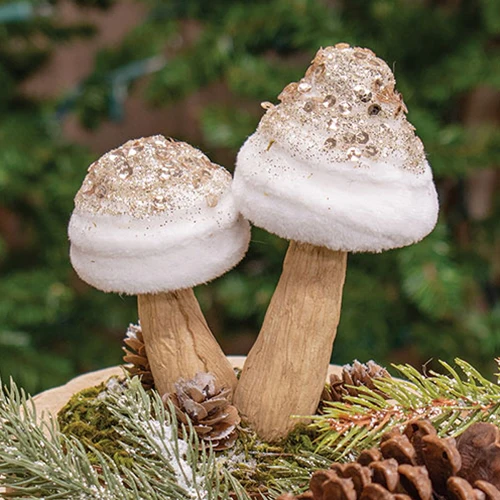 White Velvet Glittered Mushrooms Sitter 5" H - Image 2