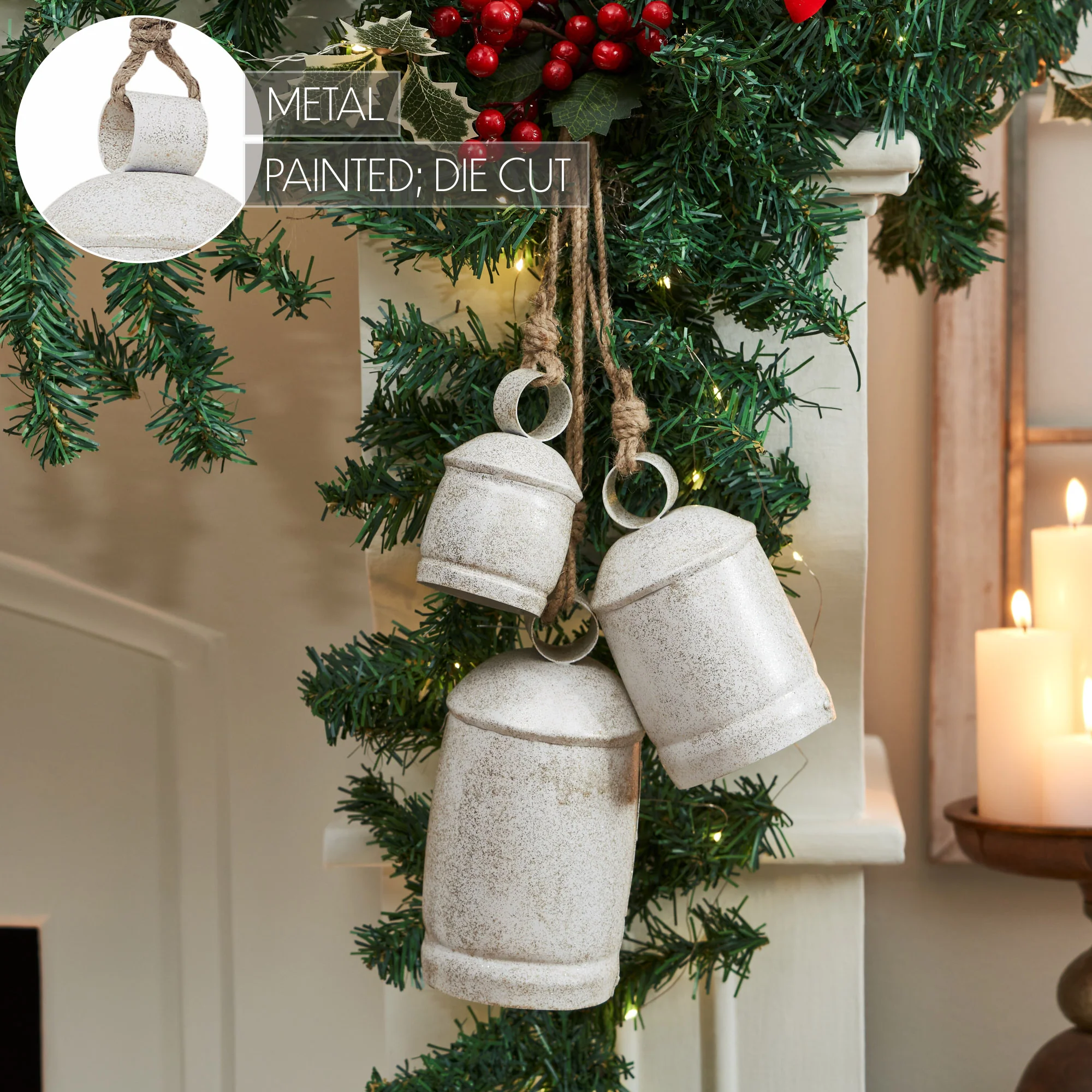 White Washed Gold Glitter Metal Bell Set of 3 - Image 2