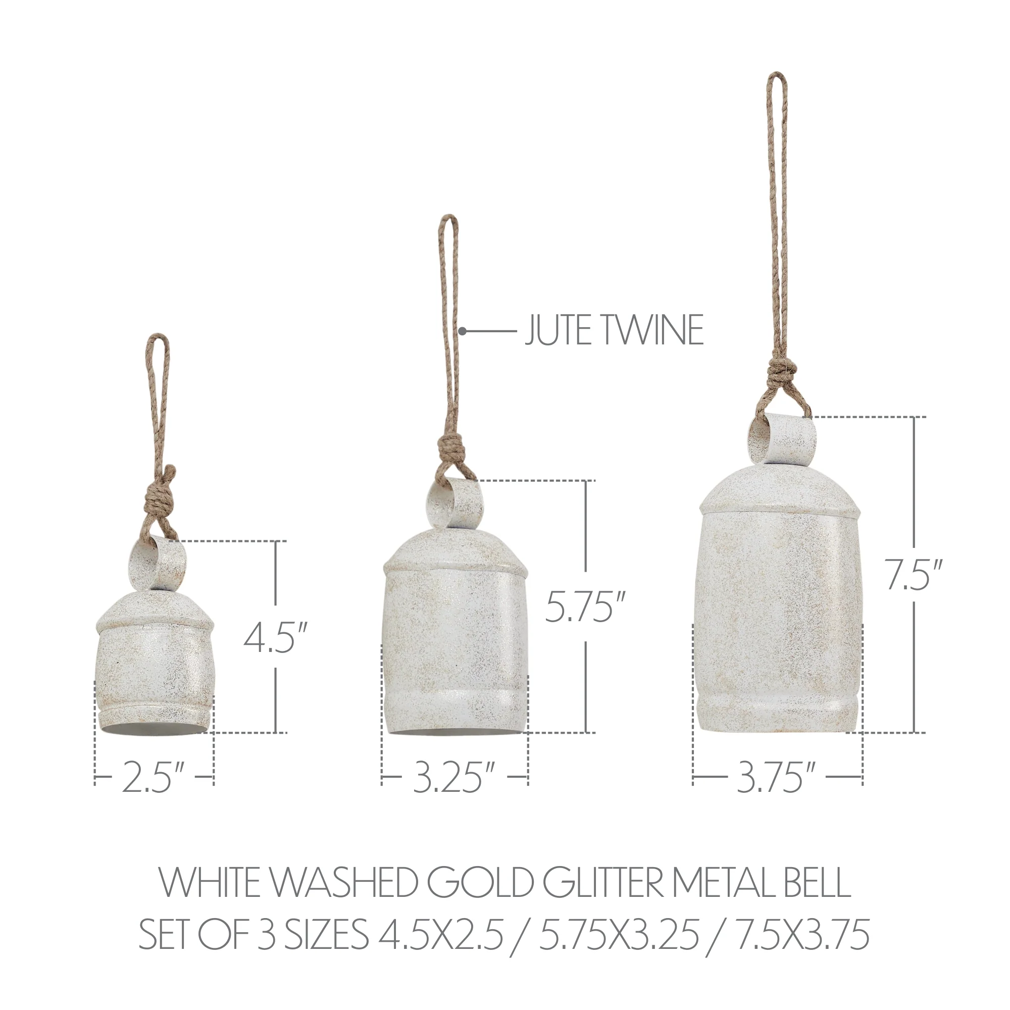 White Washed Gold Glitter Metal Bell Set of 3 - Image 4