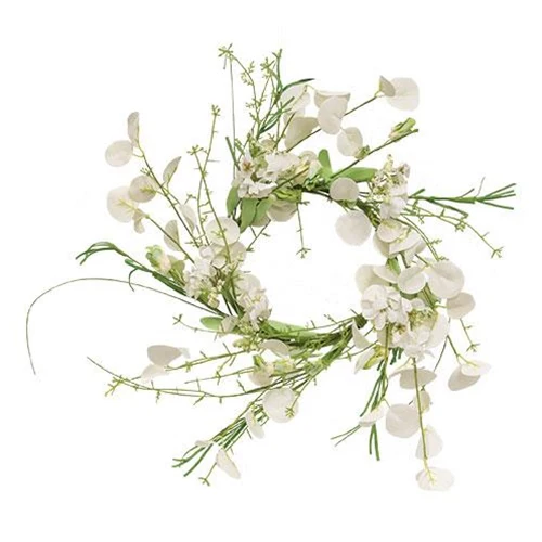 ๐ White Wild Flowers and Silver Dollar 14" Faux Floral Wreath - Image 2
