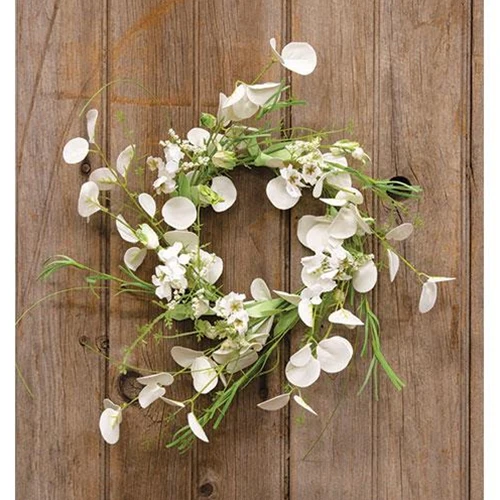 ๐ White Wild Flowers and Silver Dollar 14" Faux Floral Wreath - Image 4