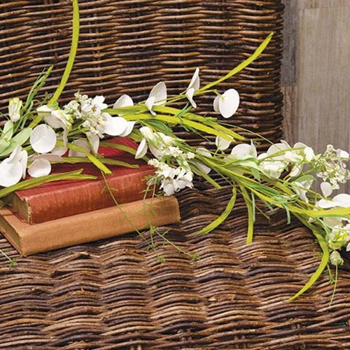 White Wild Flowers and Silver Dollar 4 ft Faux Garland - Image 2