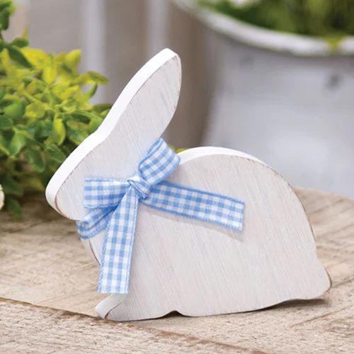 White Wooden Bunny Small Sitter with Blue & White Gingham Ribbon