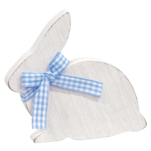White Wooden Bunny Small Sitter with Blue & White Gingham Ribbon - Image 2