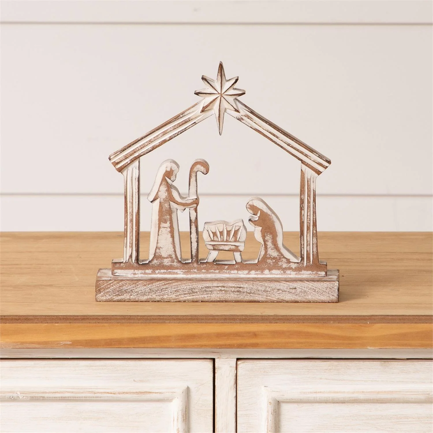 ๐ Whitewashed Carved Wood Nativity Scene Sitter