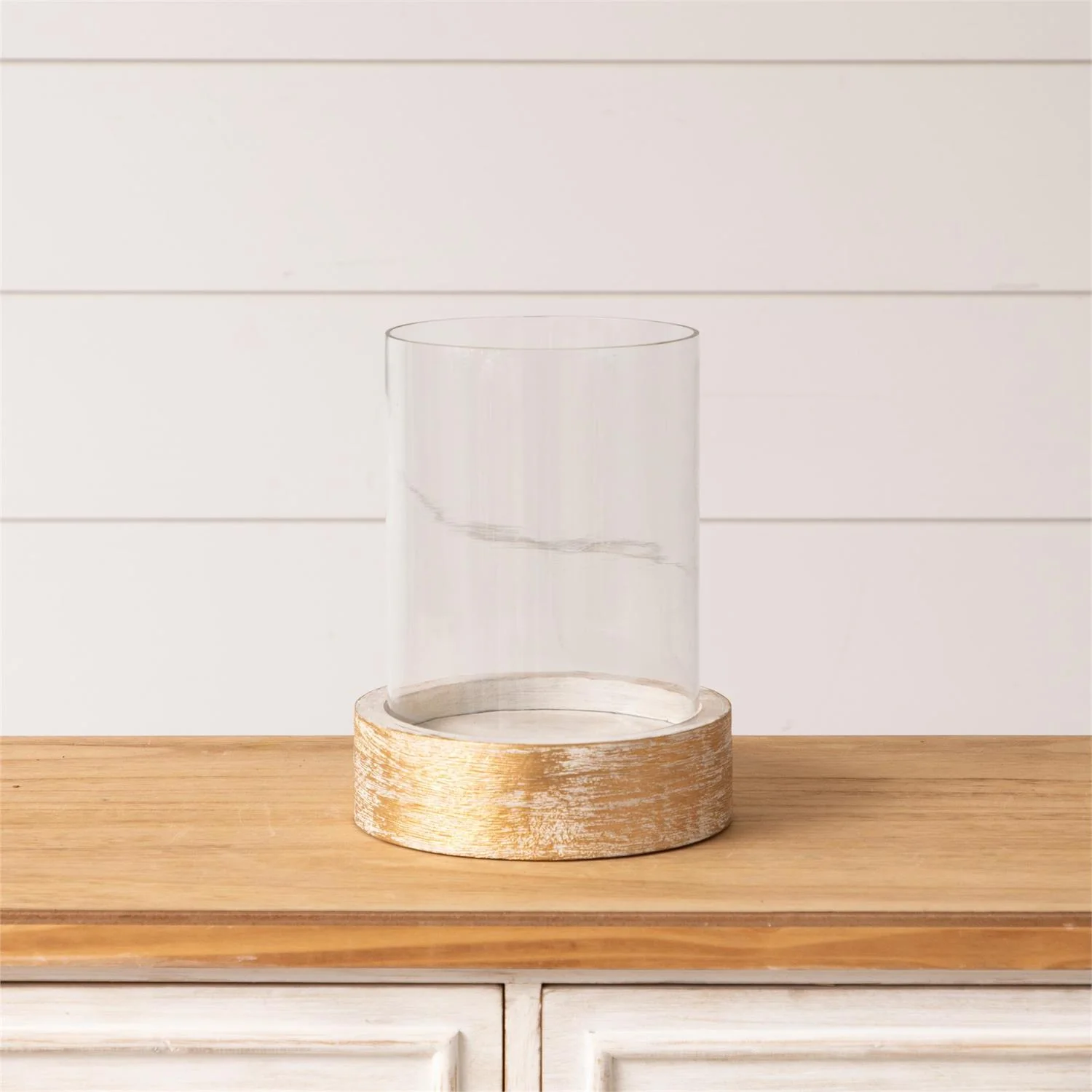 Whitewashed Wood Base with Glass Cylinder