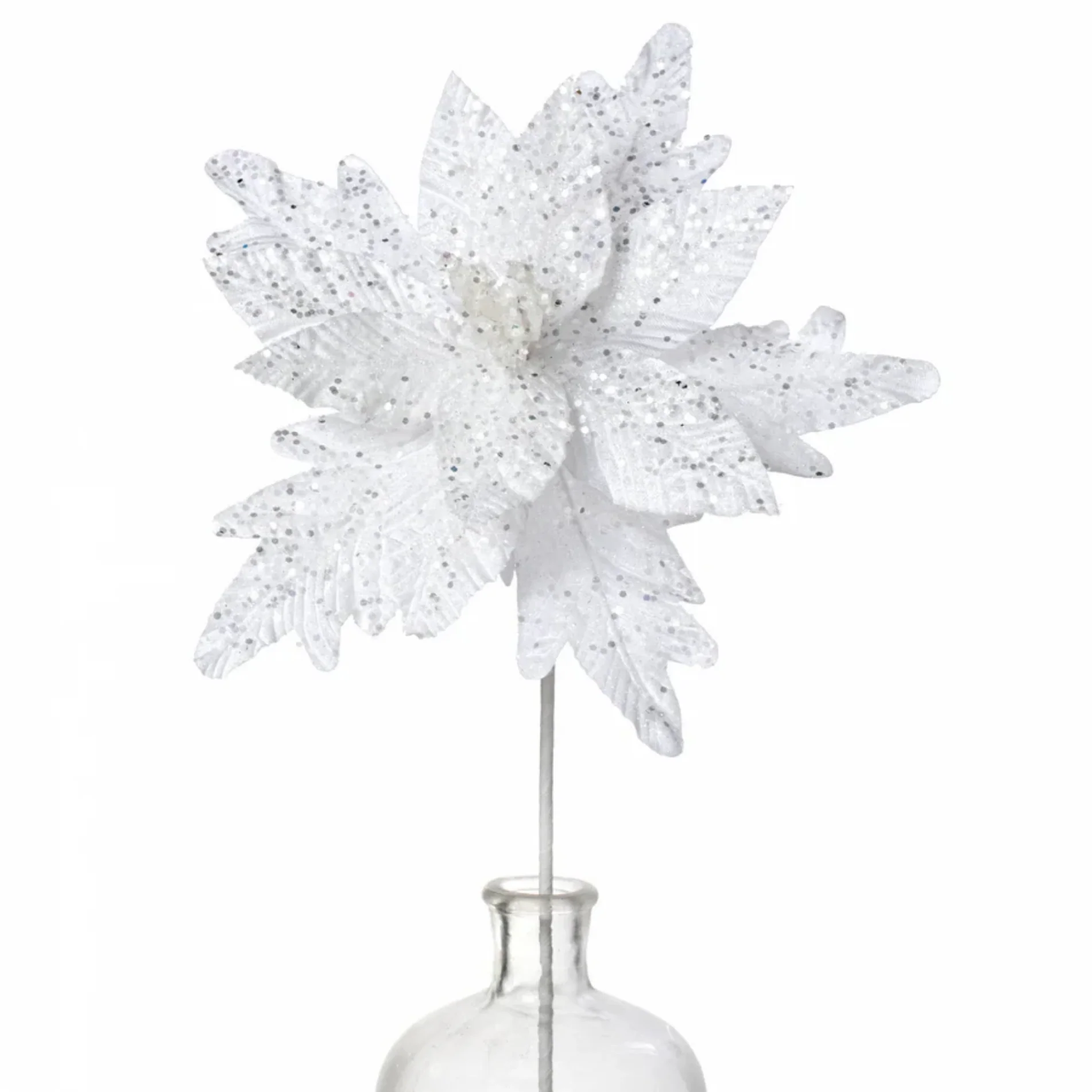 💙 Whte Glittered Poinsettia 19" Faux Floral Stem