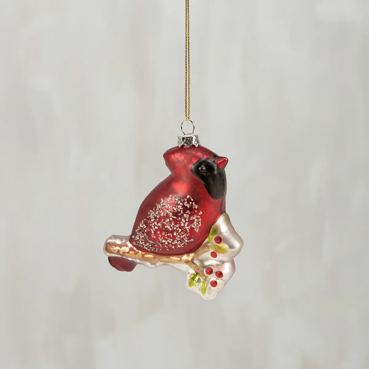 ๐ Winter Cardinal with Gold Glitter Glass Ornament