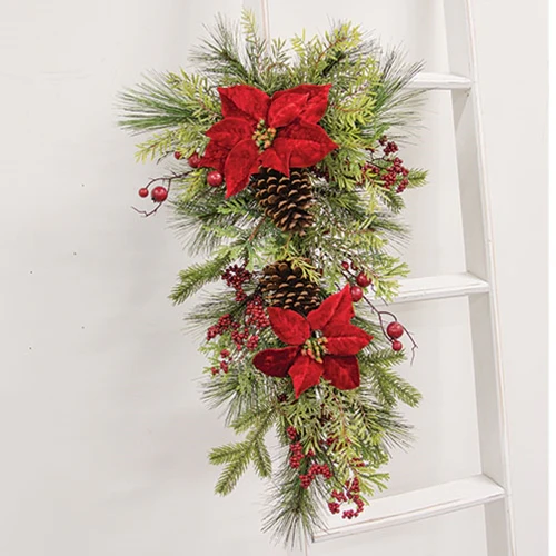 Winter Party Poinsettia & Pine 29" Faux Evergreen Teardrop