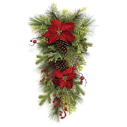 Winter Party Poinsettia & Pine 29" Faux Evergreen Teardrop - Image 2