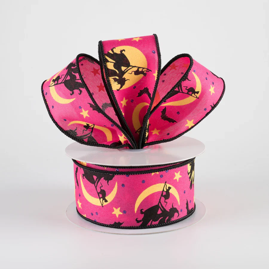 ๐ Witch Flying by Moon Hot Pink Ribbon 1.5" x 10 Yards