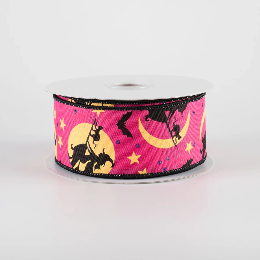 ๐ Witch Flying by Moon Hot Pink Ribbon 1.5" x 10 Yards - Image 2