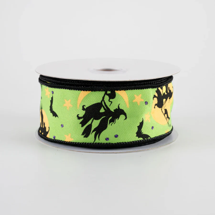 Witch Flying by Moon Lime Green Ribbon 1.5" x 10 Yards - Image 2
