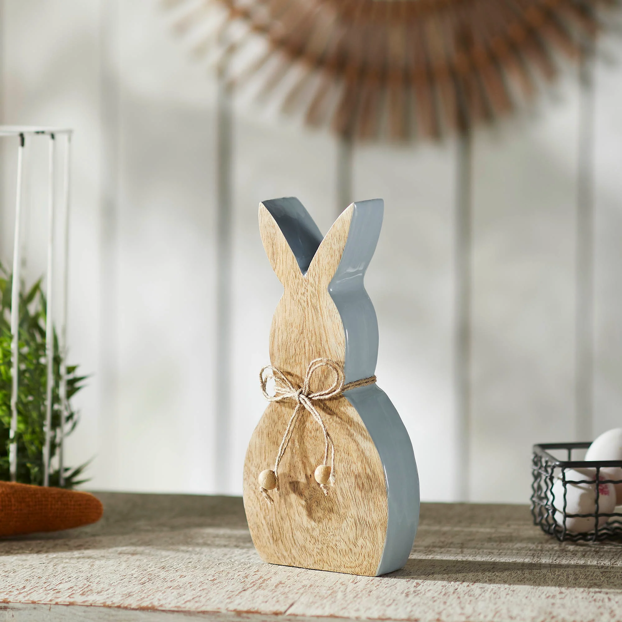 Wooden Bunny with Enamel Edge and Natural Beads 10.75" H