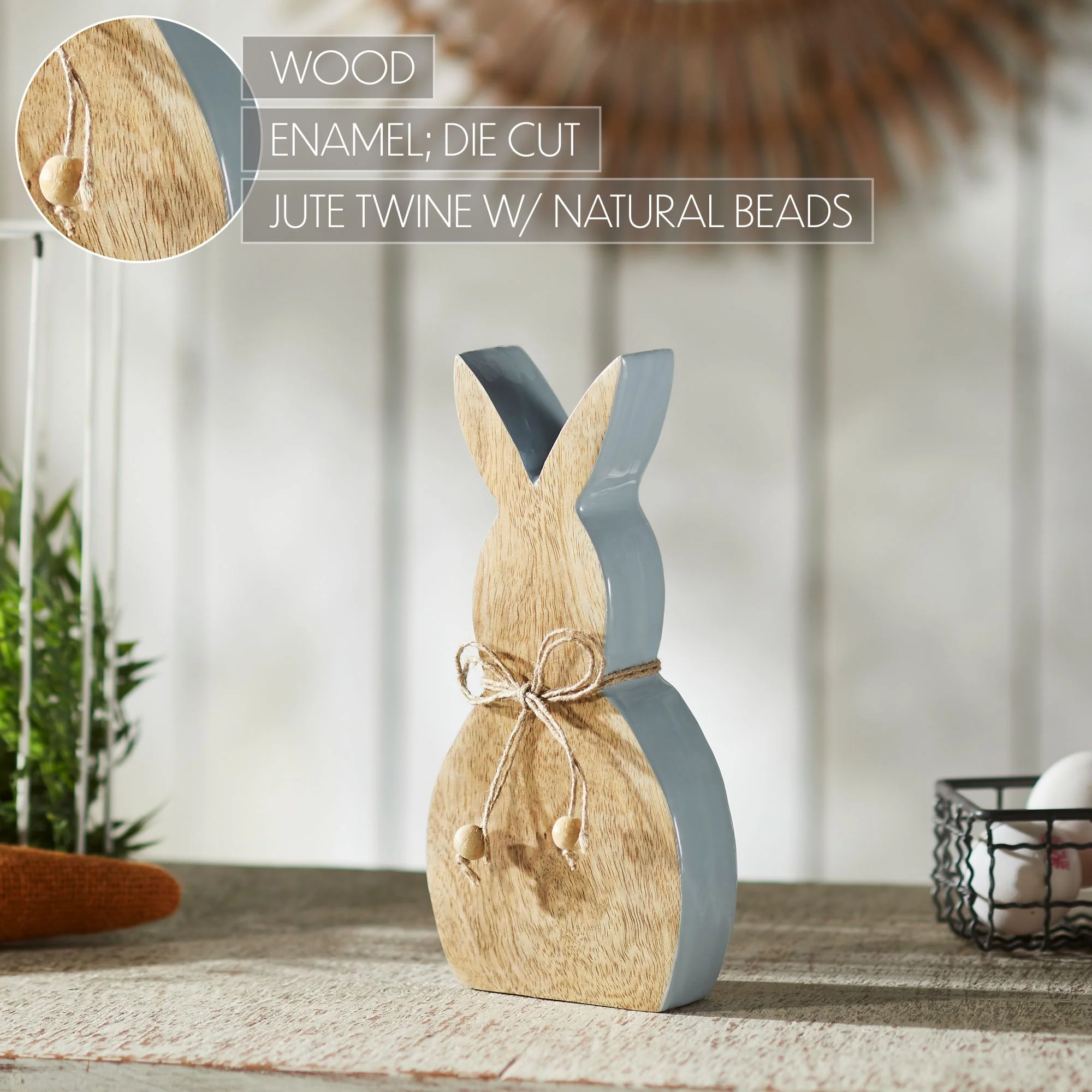 Wooden Bunny with Enamel Edge and Natural Beads 10.75" H - Image 6