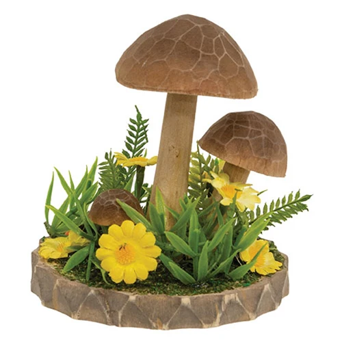 Wooden Floral Mushroom Trio on Base 4.5" H