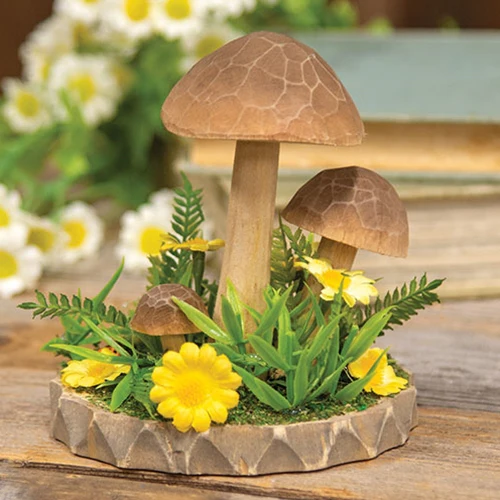 Wooden Floral Mushroom Trio on Base 4.5" H - Image 2