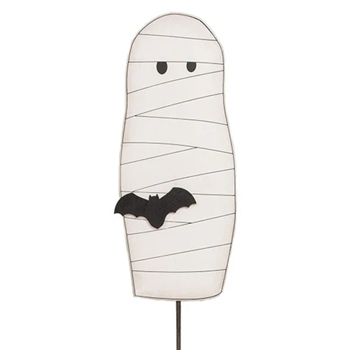 Wooden Mummy & Bat Planter Stake Topper 14" H