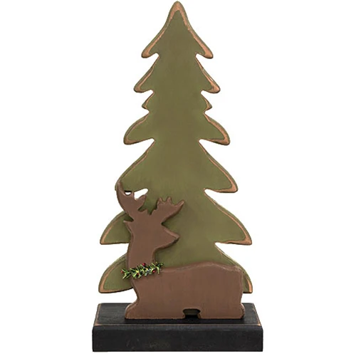 Wooden Pine Tree & Reindeer on Base 13" H