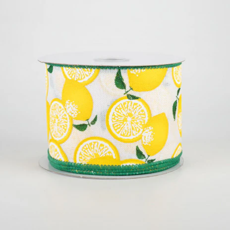 💙 Yellow Lemons on White Ribbon 2.5" x 10 yards