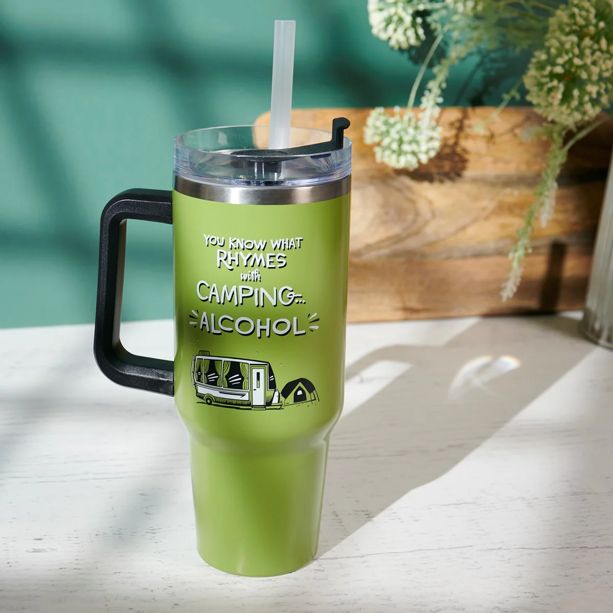 Surprise Me Sale 🤭 You Know What Rhymes With Camping Alcohol 40 oz Travel Mug - Image 2